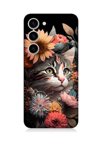 Samsung Galaxy S23 Plus Uyumlu Çiçekler Ve Kül Gri Kedi Desenli Silikon Kılıf