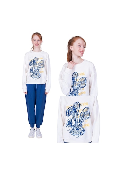 Kız Çocuk Neon Tavşan Baskılı Tasarım Teenage Sweatshirt-13402-ekru Ekru