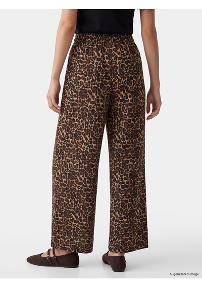 Lcwaıkıkı Classic Kahverengi Leopar Desenli Keten Karışımlı Kadın Pantolon