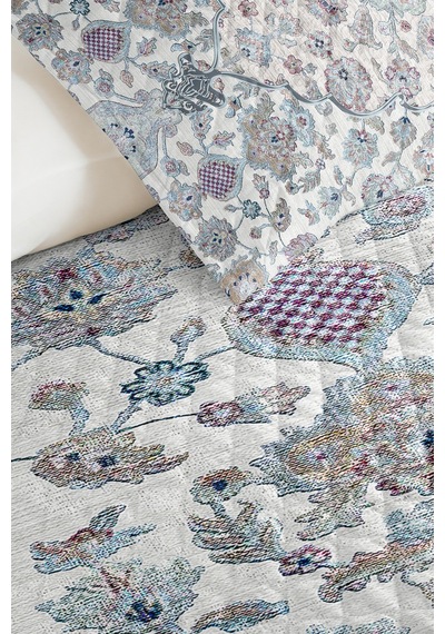 Mavi Etnik Otantik Tek Kişilik Pike Takımı - Bohem Şal Motifli Gri 160x220 Cm Kapitone Yatak Örtüsü Mahmur Sis Kokusu
