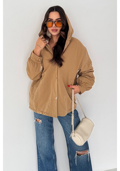 Kadın Peluş Astarlı Kapüşonlu Mont Winter Hug Bej