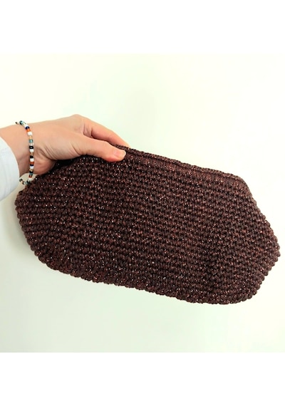 Kemzey Handmade Parlak Tutmalı El Çantaları , El Yapımı Işıltılı Clutch, Örgü El Çantası Kahverengi