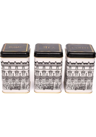 City Desenli Kare Metal Saklama Kabı 3 Lü Set, 10.5 X 10.5 X 16 Cm Çok Renkli