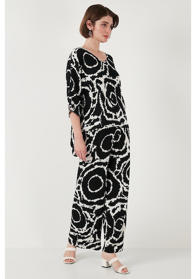Lela Desenli Regular Fit Truvakar Kol V Yaka Alt-Üst Bayan Takım 5865357 Siyah