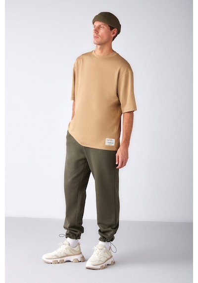 Grimelange Joel Erkek %100 Organik Pamuklu Kalın Kumaşlı Özel Dokulu Etiket Detaylı Oversize Bej T-shirt