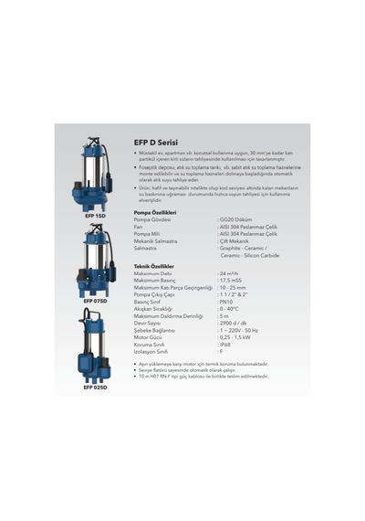 Efp-075d Atık Su Ve Foseptik İçin Döküm Gövdeli Flatörlü Dalgıç Pompa