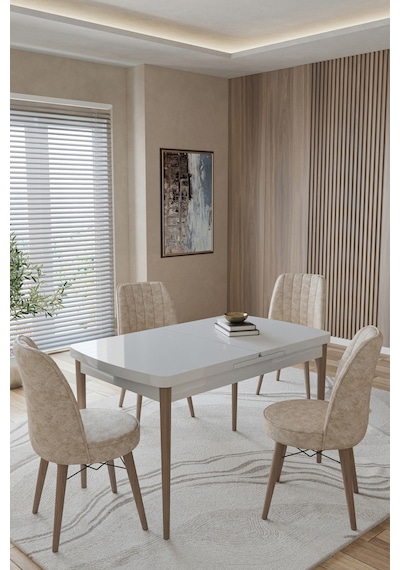 Toce Home Helmo Serisi 80x130 Açılır Masa Yemek Odası Takımı, Mutfak Takımı 4 Adet Sandalye Bej