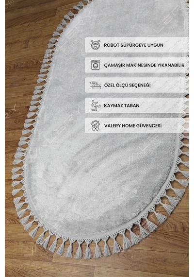 Comfort Oval Overloklu Peluş Halı Gri Gri Ponpon Saçaklı Oval