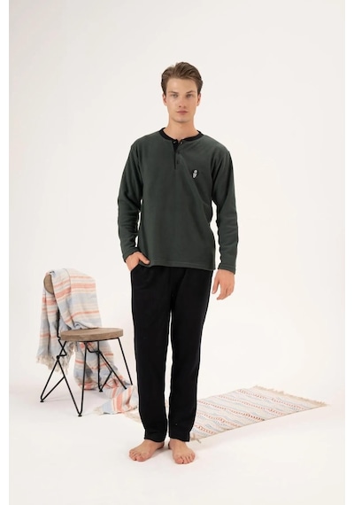Estiva 24421 Erkek Kışlık Polar Düğmeli Yaka Pijama Takımı Haki