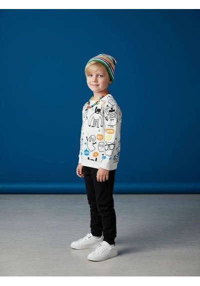 Zekids Erkek Çocuk Baskılı İnce Şardonlu Tasarım Eşofman Takımı-16632 Beyaz