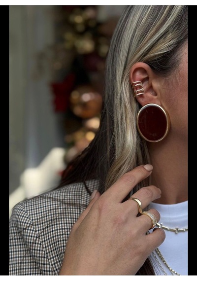 Bordo Oval Taşlı Gold Kaplama Kadın Küpe Bordo
