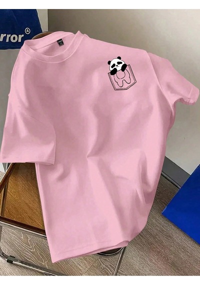Flood Of Style Erkek Pembe Sevimli Cep Panda Baskılı Oversize