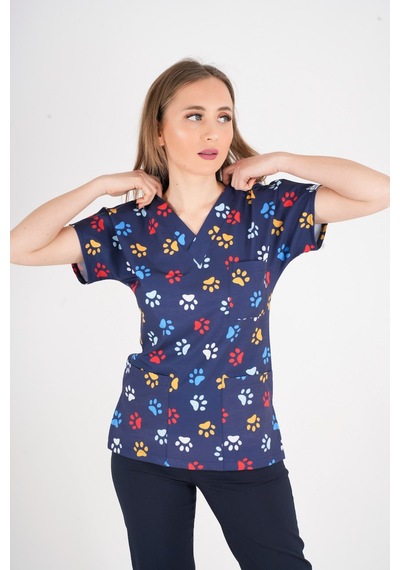 Unisex Pati Desenli Veteriner Doktor Hemşire Hastane Scrubs Tek Üst Üniforması Lacivert
