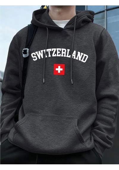 Startmore Tarzsokak İsviçre Bayrağı Baskılı Erkek Kapüşonlu Üstleri Sonbahar Cepli Sweatshirtler Temel Polar Sıca Antrasit