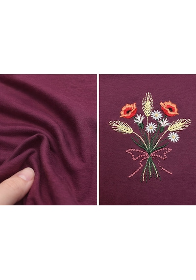 Yubistitch Tshirt Nakış İşlemeli Demet Çiçek- Penye-bordo