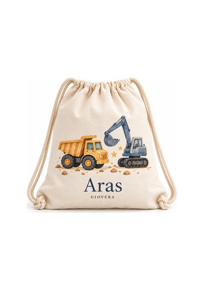 Gıovera Mini Trucks İş Makineleri İsim Baskılı Büzgülü Bez Sırt Çantası 35x40 Cm - Aras Ham Bez