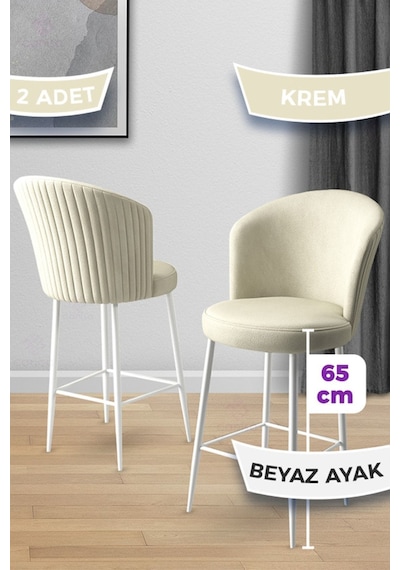 Canisa Alte Serisi 2 Adet Krem Sandalye 65 Cm Ada Mutfak Bar Sandalyesi Babyface Kumaş Beyaz Metal Ayak Sandalye Krem Ayaklar Beyaz