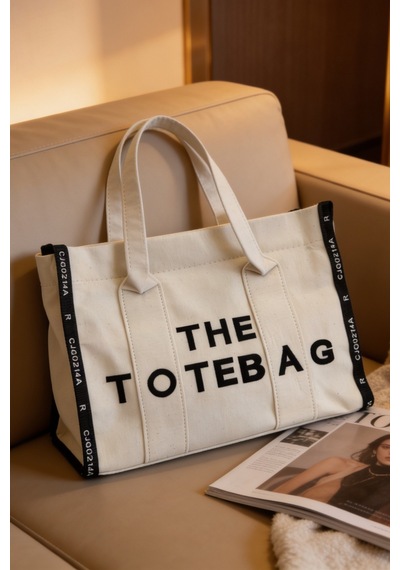 Ents Krem Kanvas Kadın Tote Bag Büyük Boy Günlük Omuz Ve Plaj Çantası beyaz