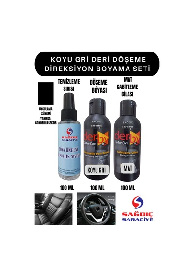 3'Lü Derby Koyu Gri Deri Oto Direksiyon Döşeme Boyama Seti