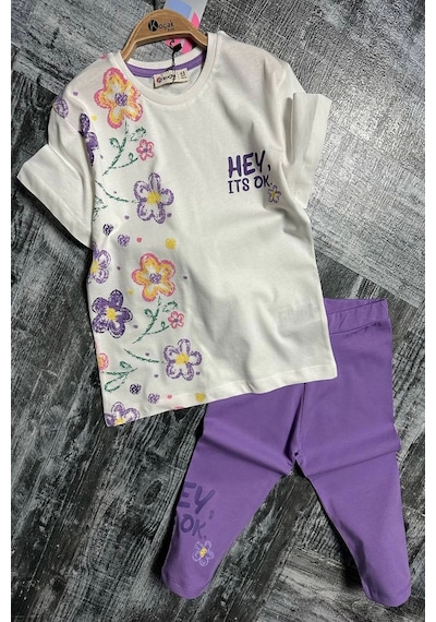 Koçak Kids Yeni Sezon Çiçek Desenli Lila Renk Kapri Taytlı Kız Çocuk Takım Lila