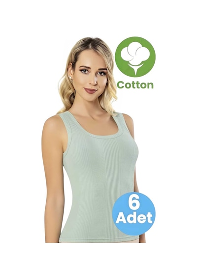 Tezzgelsin Kadın 6'lı Geniş Askılı Çizgili Raporlu Penye Kaşkorse Atlet Su Yeşili