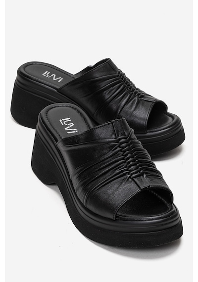 Luvishoes Nellıe Siyah Hakiki Deri Kadın Dolgu Tabanlı Terlik