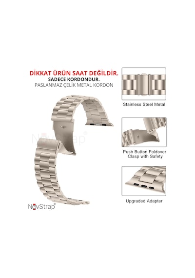 Novstrap Apple Uyumlu  Watch Seri 7/8 45mm Kordon Starlight Yıldız Işığı Klasik Metal Çelik Kordon