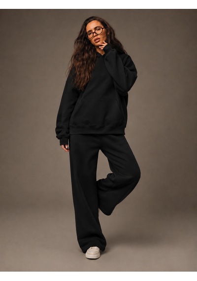Macklin Unisex Kadın Erkek Baskısız Sweatshirt Oversize 3 İplik Kapüşonlu Hoodie Ve Baggy Eşofman Altı Siyah