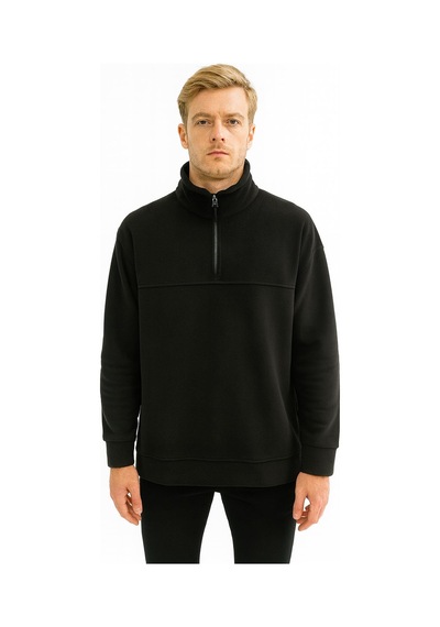 Unisex Relax Fit Rahat Kesim Polar Yarım Fermuarlı Dik Yaka Sweatshirt - 7387 Siyah