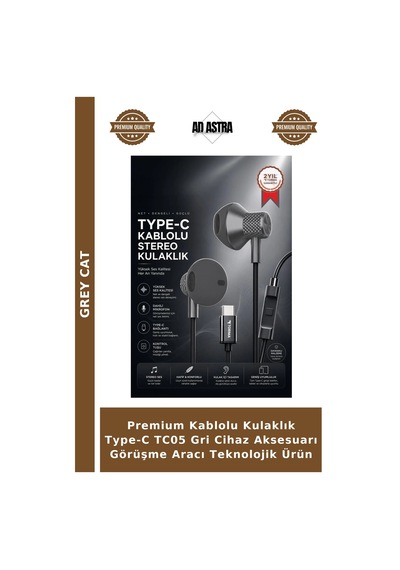 Premium Kablolu Kulaklık Type-c Tc05 Gri Cihaz Aksesuarı Görüşme Aracı Teknolojik Ürün