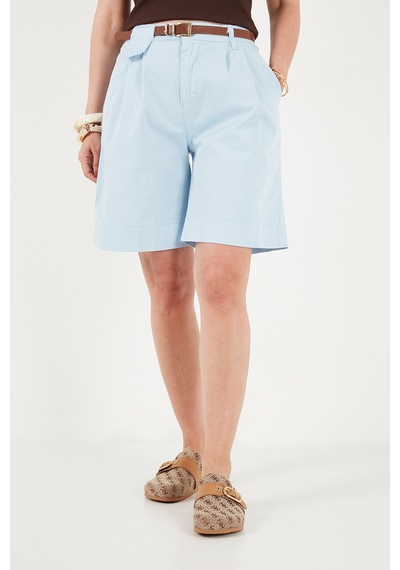 Lela Pamuklu Loose Fit Pileli Kemerli Bermuda Şort Bayan Şort 668yp5439 Mavi