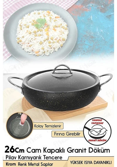 Granit Döküm Pilav Tenceresi Fırına Girebilir Metal Saplı Pilav Tenceresi 26-28-30 Cm Siyah
