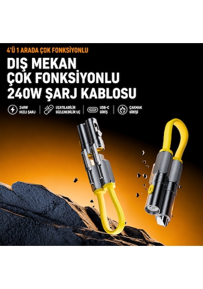 4 Ü 1 Arada Çok Fonksiyonlu 240w Type-c Hızlı Şarj Kablosu Gizlenebilir Bıçak Ve Usb-c Çakmak Özellikli 22 Cm