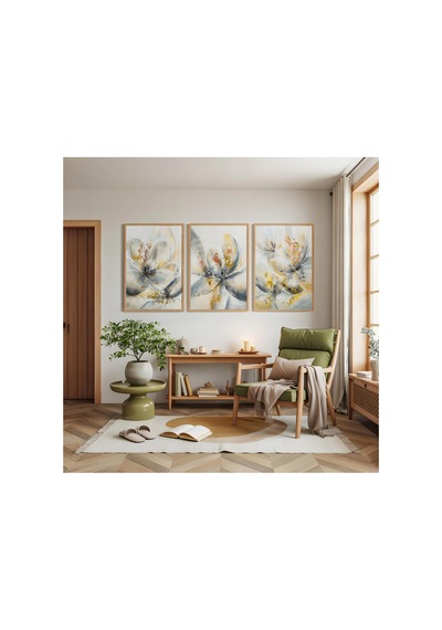 Ahşap Çerçeveli Zamanın Yaprakları Üçlü Ahşap Tablo Seti