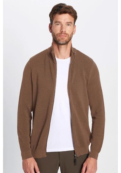 Tudors Erkek Slim Fit Dar Kesim Desenli Yarım Balıkçı Yaka Fermuarlı Kahve Hırka-32614 Kahve Kahverengi