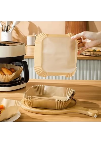 50 Adet Airfryer Pişirme Kağıdı - Kare Tek Kullanımlık Yanmaz Yapışmaz Kağıt - 16 Cm Hava Fritözü Kağıdı