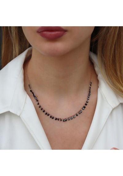 Sıra Siyah Zirkon Taş Rose Gold Kaplama Gümüş Kolye Gümüş