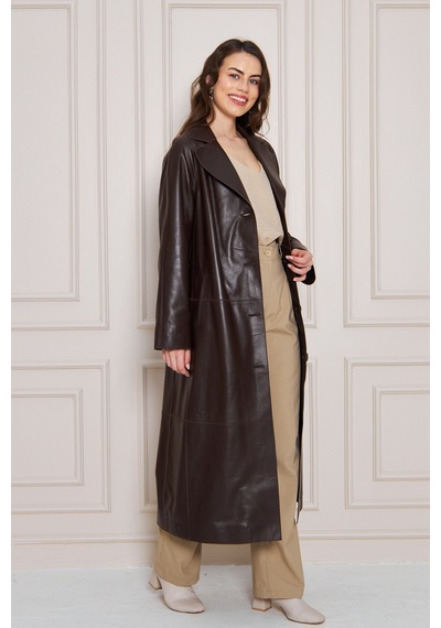 M M Marki Marki Kadın Hakiki Deri Trençkot Kahverengi, V Yaka, Kuşaklı, Düğme Kapamalı, Oversize, 120 Cm - 117222