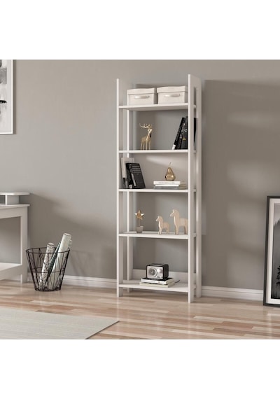 Country Dekoratif 5 Raflı Ev-ofis Kitaplık, Modern Kütüphane - Beyaz