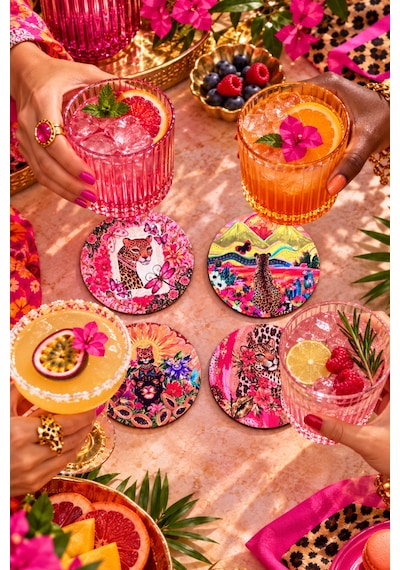 Leopar Desenli Tropikal Pop Art & Maksimalist Dekor Temalı, 4 Lü Bardak Altlığı Set 9 Cm, 3 Mm Ahşap Mdf, Dijital Baskı - 934189246 Diğer