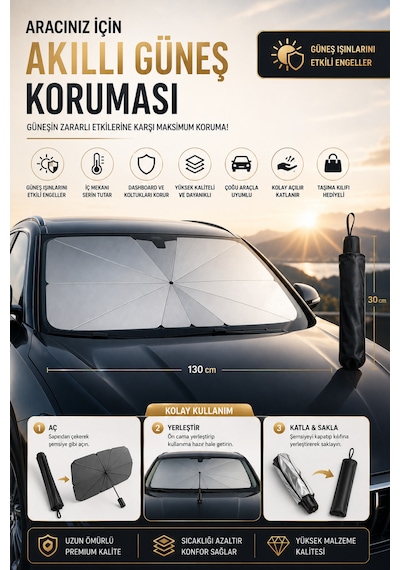 Araç Ön Cam Güneşlik Şemsiyesi Uv Korumalı Katlanabilir Oto Güneşlik Isı Yansıtıcı Ön Cam Gölgelik Tüm Araçlara Uyumlu