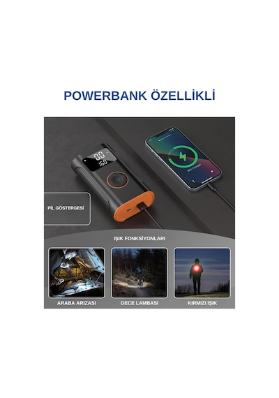 Taşınabilir Şarjlı Araç Oto Lastik Şişirme Pompası Kompresör 160 Psı Powerbank Işıklı Ys02p