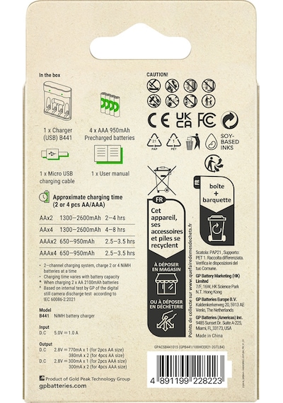 Gp B441 Usb Pil Şarj Cihazı 4 Adet 950 Aaa İnce Pilli Set