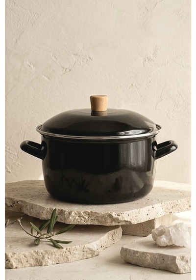 Terra Cook Ahşap Kulplu,paslanmaz Saplı Siyah Süzgeçli Emaye Kızartma Tenceresi 22 Cm Siyah