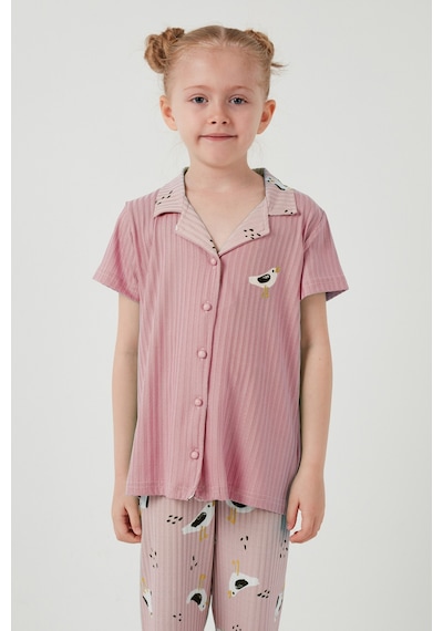 Lela Baskılı Beli Lastikli Gömlek Yaka Kısa Kollu Kız Çocuk Pijama Takımı 6576001 Pembe