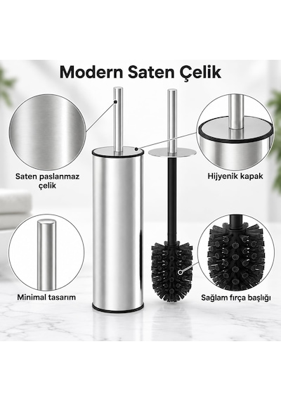 Paslanmaz Çelik Tuvalet Fırçası, Kapaklı Wc Fırçası Seti, Gümüş Renk, Modern Banyo Ve Tuvalet Aksesuarı, Tuvalet Fırçası Beyaz - Çok Renkli