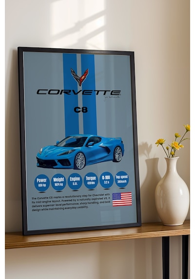 Corvette C8 Araba Tablosu - Teknik Özellikli Otomobil Poster - Çerçeveli Duvar Dekoru Siyah