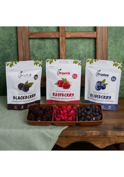 Fruvivo 3'lü Freeze Dry Paket - Böğürtlen + Ahududu + Yaban Mersini Orman Meyveleri - Dondurularak Kurutulmuş Meyve Cipsi Şeker İlavesiz %100 Doğal Vegan 60 G