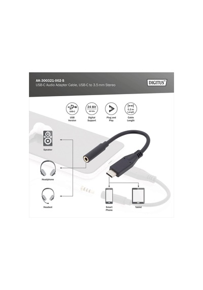 Dıgıtus Usb Type-c Ses Adaptörü / Dönüştürücü, Type-c/st - 3,5 Mm Ja