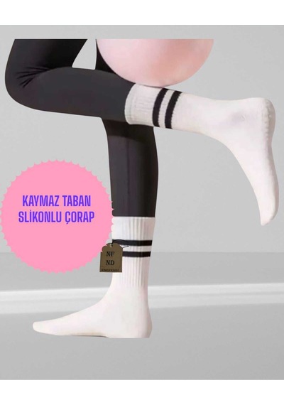 Enefendi 2 Çift Yoga Pilates Çorabı Kadın Kaymaz Silikon Taban Pamuklu Soket Tenis Çorap Havlulu Siyah Beyaz. Gri